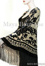 Silk Piano Shawl Wrap Scarf Burnout Velvet Beige & Black Maya Matazaro