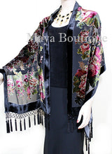 Black Wrap Scarf Shawl Silk Burnout Velvet English Rose Beaded Maya Matazaro