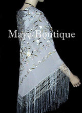 Flamenco Embroidered Silk Piano Shawl Wrap Silver Multi Flower & Birds 84" Maya