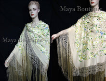 Flamenco Embroidered Silk Piano Shawl Wrap Pastels Flower Birds Greens 90" Maya