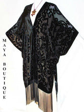 Maya Matazaro Caftan Kimono Duster Burnout Velvet Art Nouveau Black Made in USA