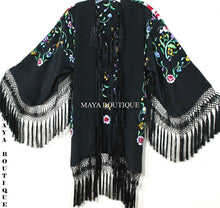 Embroidered Silk Fringe Jacket Flamenco Kimono BLACK MULTI Short Maya Boutique