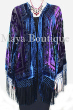 Tye Dye Teal Multi Short Fringe Jacket Kimono Silk Burnout Velvet Maya Matazaro
