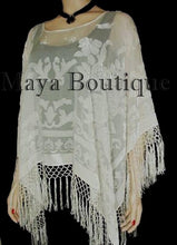 Ivory Maya Matazaro Silk Burnout Velvet Poncho Top Piano Shawl Fringed Wrap