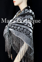 Piano Shawl Scarf Silver Gray Burnout Velvet Square With Fringes Maya Matazaro