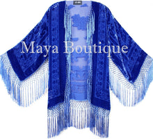 Maya Clothing Royal Blue Fringe Jacket Kimono Short Silk Burnout Velvet Hand Dye