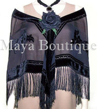 Black Shawl Wrap Scarf Silk Burnout Velvet Triangle With Fringes Maya Matazaro