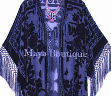Navy Blue Silk Burnout Velvet Fringe Jacket Kimono Duster Maya Matazaro Plus