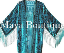 Kimono Burnout Velvet Silk Fringe Jacket Teal Turquoise Maya Matazaro