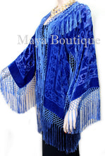 Maya Clothing Royal Blue Fringe Jacket Kimono Short Silk Burnout Velvet Hand Dye