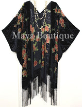 Tea Roses Caftan Kimono Burnout Velvet Black Orange Usa Made Maya Matazaro