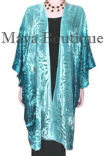 Teal Ombre Camellia Burnout Velvet Caftan Kimono Hand Dye Maya Matazaro