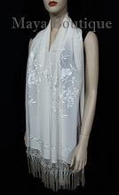 Ivory Embroidered Silk Wrap Shawl Scarf Oblong with Fringes Maya Matazaro