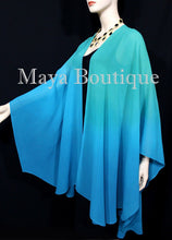Hand Dyed Maya Matazaro Silk Chiffon Cape Ruana Caftan Wrap Aqua Blue Ombre