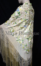 Flamenco Embroidered Silk Piano Shawl Wrap Pastels Flower Birds Greens 90" Maya