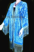Sky Blue Silk Burnout Velvet Fringes Jacket Kimono Long Coat Maya Matazaro USA