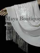 Ivory Embroidered Silk Wrap Shawl Scarf Oblong with Fringes Maya Matazaro