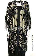 Caftan Duster Fringe Jacket Kimono Black & Beige Silk Burnout Velvet Maya