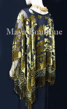 Maya Matazaro Antique Gold & Black Burnout Velvet Poncho Shawl Top With Fringes