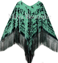 Emerald Green Silk Burnout Velvet Poncho Fringe Top Shawl Maya Matazaro