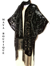 Maya Matazaro Caftan Kimono Duster Burnout Velvet Art Nouveau Black Made in USA