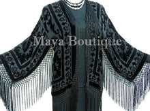 Black Kimono Silk Burnout Velvet Fringe Jacket Short Maya Matazaro Made in USA