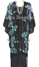 Tea Roses Caftan Kimono Burnout Velvet Black Blue Usa Made Maya Matazaro