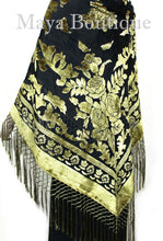 Antique Gold & Black Burnout Velvet Piano Shawl Square Fringed Maya Matazaro