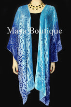 Blue Turquoise Camellia Burnout Velvet Caftan Kimono Hand Dyed Maya Matazaro USA