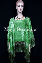 Green Silk Burnout Velvet Poncho Fringe Top Shawl Hand Dyed Maya Matazaro