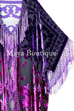 Violet Fuchsia Kimono Caftan Fringe Jacket Silk Burnout Velvet Hand Dyed Maya
