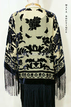 Maya Matazaro Silk Burnout Velvet Fringe Jacket Kimono Bolero Beige & Black