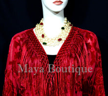 True Red Kimono Fringe Jacket SILK Burnout Velvet Short Maya Matazaro Plus Size