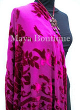 Fuchsia Silk Burnout Velvet Piano Shawl Wrap Fringed Scarf Maya Matazaro