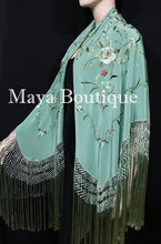 Flamenco Embroidered Silk Piano Shawl Wrap Tiffany Green Hand Dyed Maya Matazaro