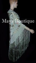 Maya Matazaro Flamenco Embroidered Silk Piano Shawl Wrap Sage Green 84"