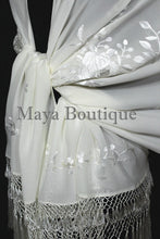 Ivory Embroidered Silk Wrap Shawl Scarf Oblong with Fringes Maya Matazaro