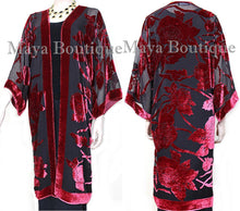 Red Long Kimono Jacket Silk Burnout Velvet No Fringe Maya Matazaro