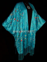 Turquoise Embroidered Silk Kimono Caftan Duster Opera Coat Maya Matazaro Plus