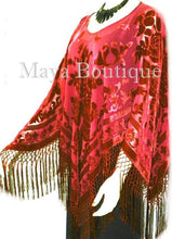 Silk Burnout Velvet Poncho Top Fringe Piano Shawl Wrap True Red Maya Matazaro