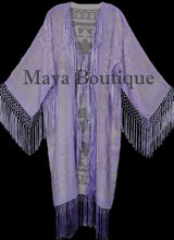 Dusty Lilac Silk Burnout Velvet Fringes Jacket Kimono Long Coat Maya Matazaro