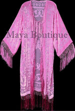 Candy Pink Silk Burnout Velvet Fringes Jacket Kimono Long Coat Maya Matazaro