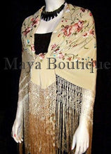 Flamenco Embroidered Silk Piano Shawl Wrap Wheat Floral 84" Maya Matazaro