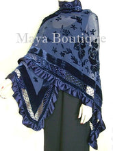 Navy Blue Shawl Scarf Wrap Silk Burnout Velvet Triangle Ruffles Maya Matazaro
