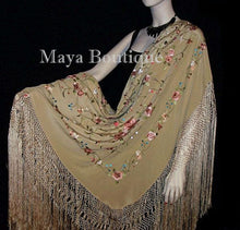 Flamenco Embroidered Silk Piano Shawl Wrap Wheat Floral 84" Maya Matazaro