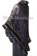 Black Shawl Scarf Wrap Silk Beaded Burnout Velvet Triangle Ruffles Maya Matazaro