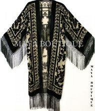 Maya Matazaro Beige & Black Silk Burnout Velvet Fringes Jacket Kimono Long Coat