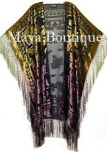Gold & Brown Wearable Art Kimono Caftan Fringe Jacket Burnout Velvet Hand Dyed