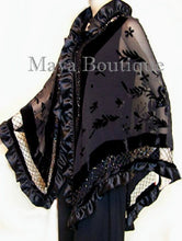 Black Shawl Scarf Wrap Silk Beaded Burnout Velvet Triangle Ruffles Maya Matazaro