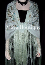 Maya Matazaro Flamenco Embroidered Silk Piano Shawl Wrap Sage Green 84"